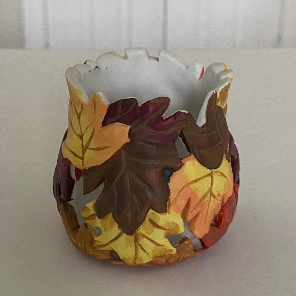 Fall Leaves Ceramic Candle Votive Tea Lite Holder Thanksgiving Holiday Decor